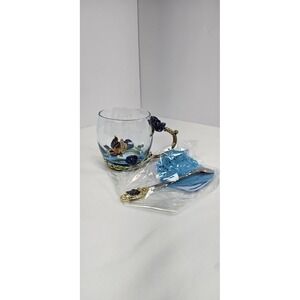 Arc of France Jeweled Enameled Glass Tea Cup Butterfly Roses Spoon Set Gift